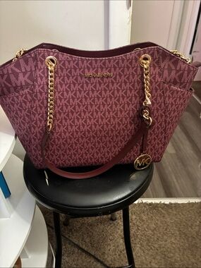 Michael Kors Wine MK Logo Tote with Gold Hardware